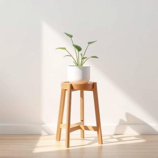 Foto de um suporte de madeira para plantas com design minimalista e acabamento natural.