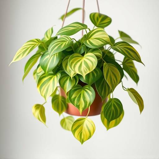 Foto de uma planta Pothos pendente em um vaso suspenso, com folhas variegadas em verde e amarelo.