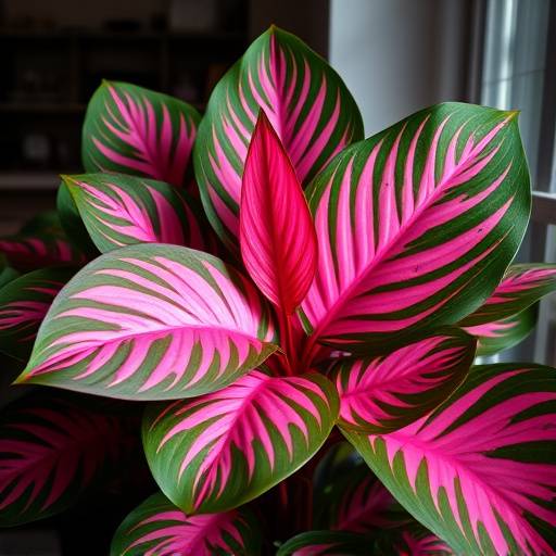 Foto de uma vibrante Calathea ornata com padrões rosa e verde em suas folhas.