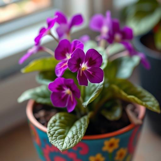 Planta Violeta Africana vibrante em um vaso colorido